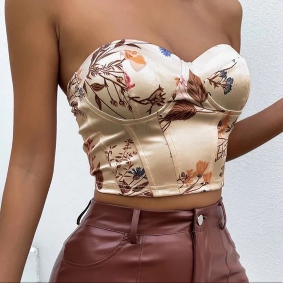 Boho cream  sexy  floral print satin corset style party crop top - Picture 5 of 10